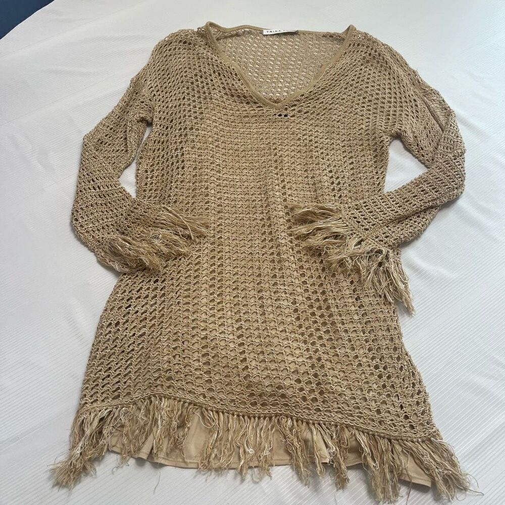 Trina Turk BeigeFringe Knit LongโSleeve Sheer Sweater Dress Size Large